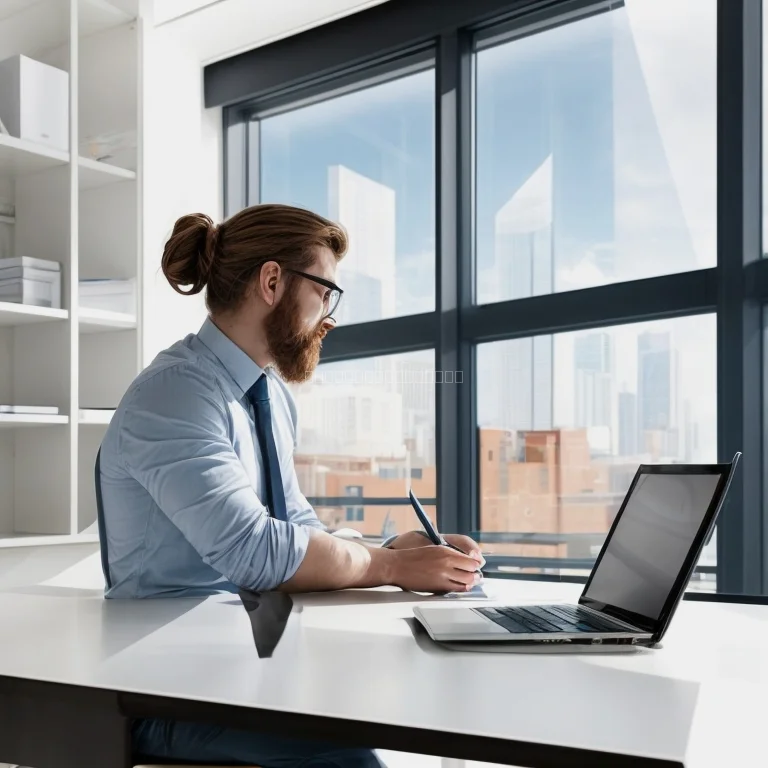 A focused entrepreneur reflects in a calm workspace